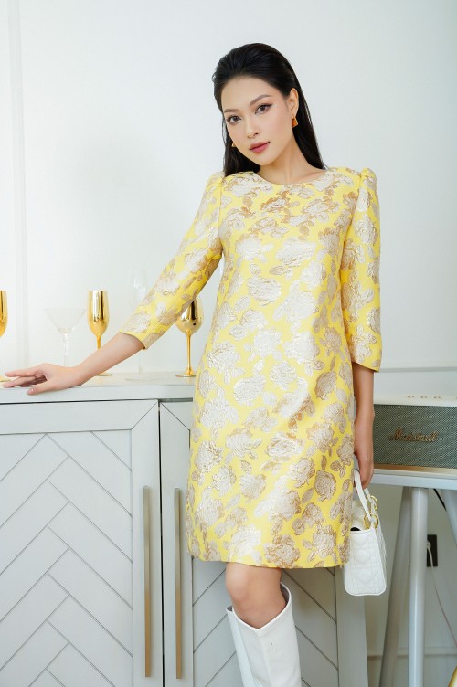 Sixdo Yellow Rose Short Sleeves Midi Brocade Dress